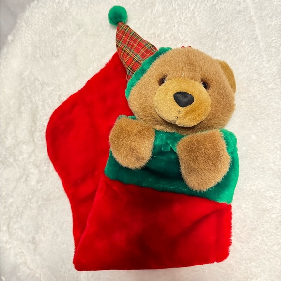 Vintage Christmas Stocking Teddy Bear Santa Hat 80’s 90s Cute Grannycore Classic - Picture 11 of 11
